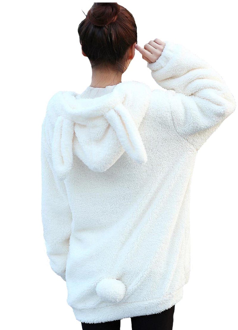 acdiac Fluffy Kawaii White Rabbit Hoodie With Ears Tail Top For Women,Casual Cute Winter Warm Animal Zip Up Jacket Sweet Sweater Coat For Home/shopping/Partty Clothing (white rabbit) - Image 1